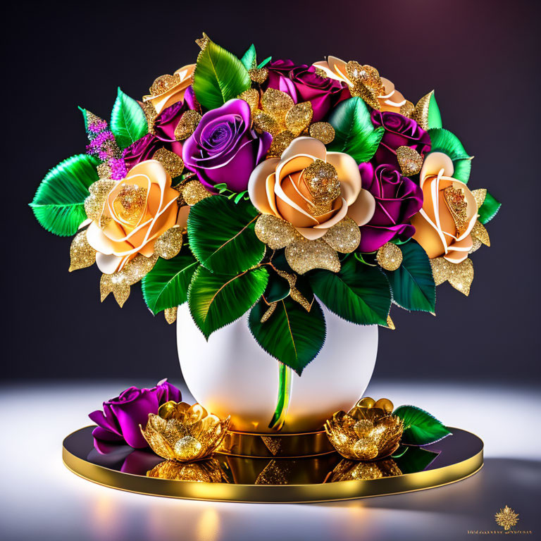 Luxurious Floral Arrangement with Purple, Peach, and Gold Roses