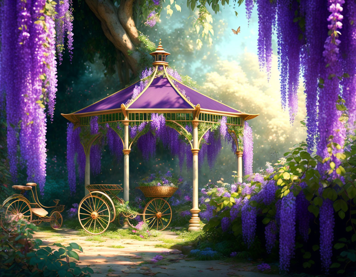 Tranquil gazebo with wisteria blooms and vintage bicycle in lush setting