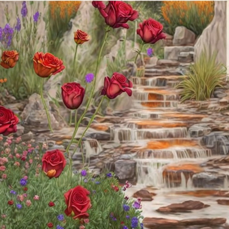 Tranquil waterfall with red roses and wildflowers