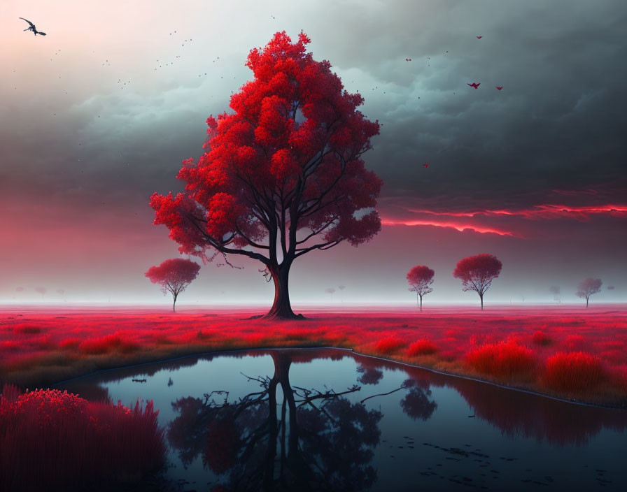 Scenic landscape with large red tree, reflecting in water, under crimson sky with lightning and birds