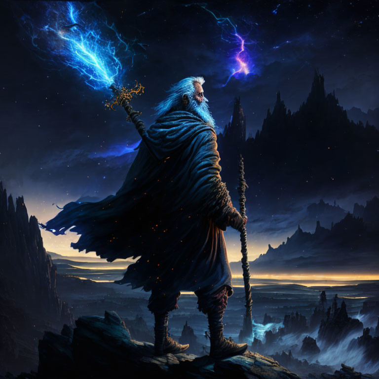 Wizard on Cliff at Night with Magical Staff and Blue Energy