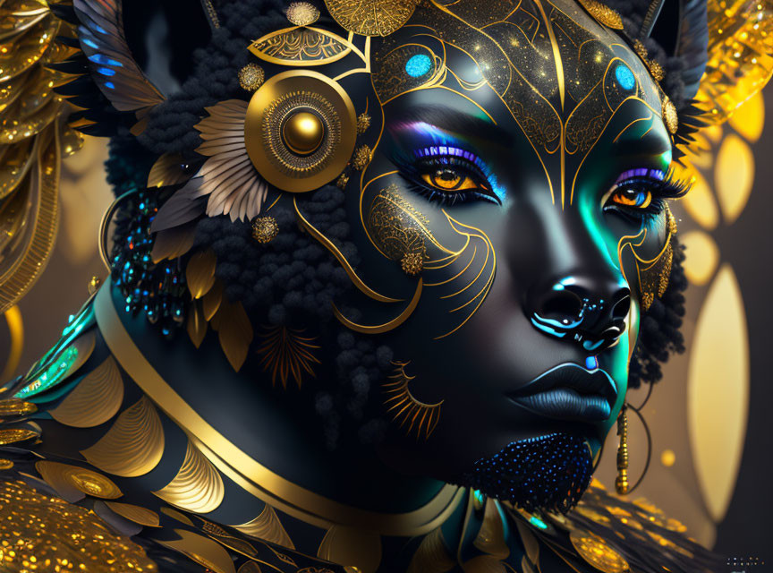 Digital artwork featuring woman with feline features and ornate headdress