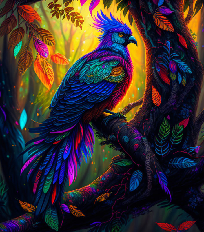 Colorful Fantasy Bird Perched on Tree in Enchanted Forest