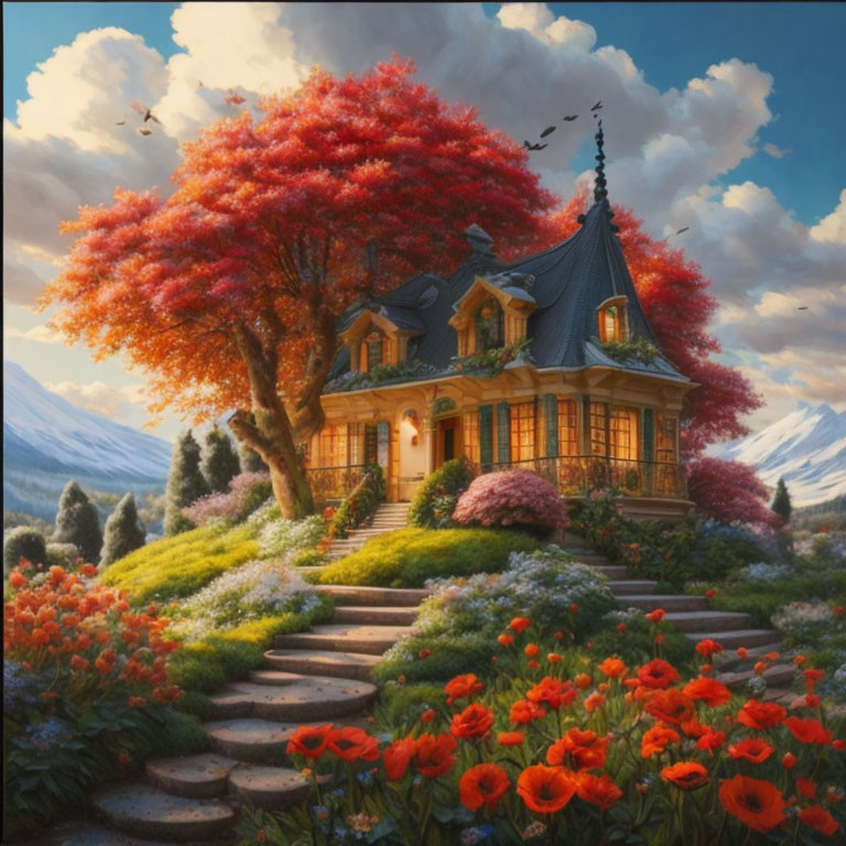 Victorian house with lush gardens, red tree, snowy mountains in warm pastel sky