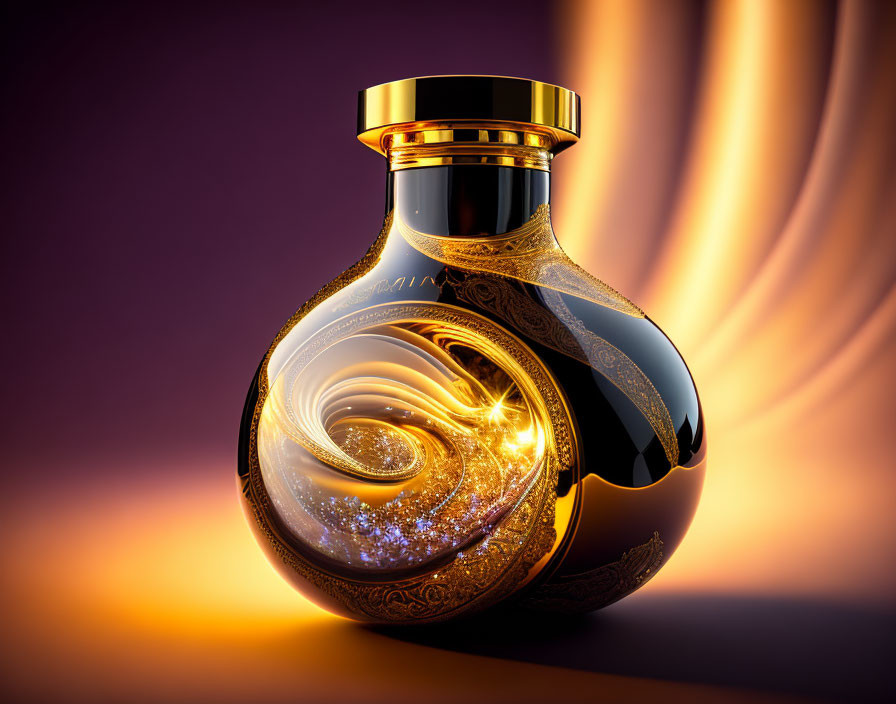 Golden Swirl Design Perfume Bottle on Purple Background