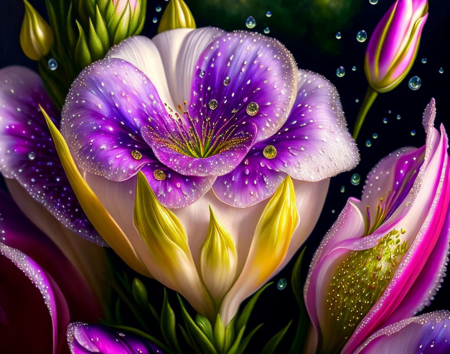 Vibrant purple and white flower close-up with water droplets and unopened buds