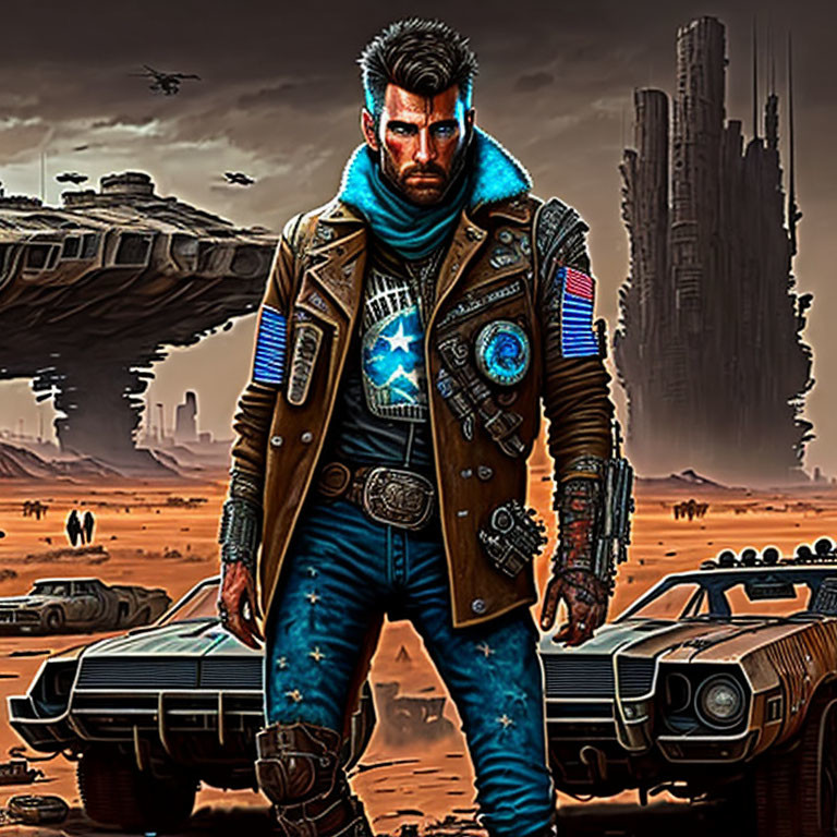 Bearded man in dystopian wasteland with futuristic backdrop