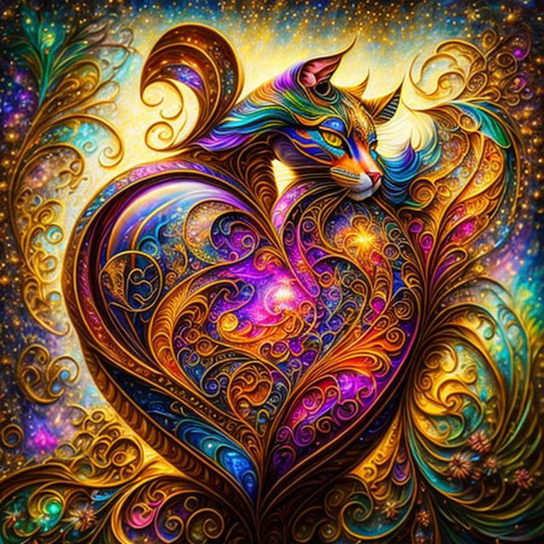 Colorful Mystical Cat Illustration on Cosmic Background