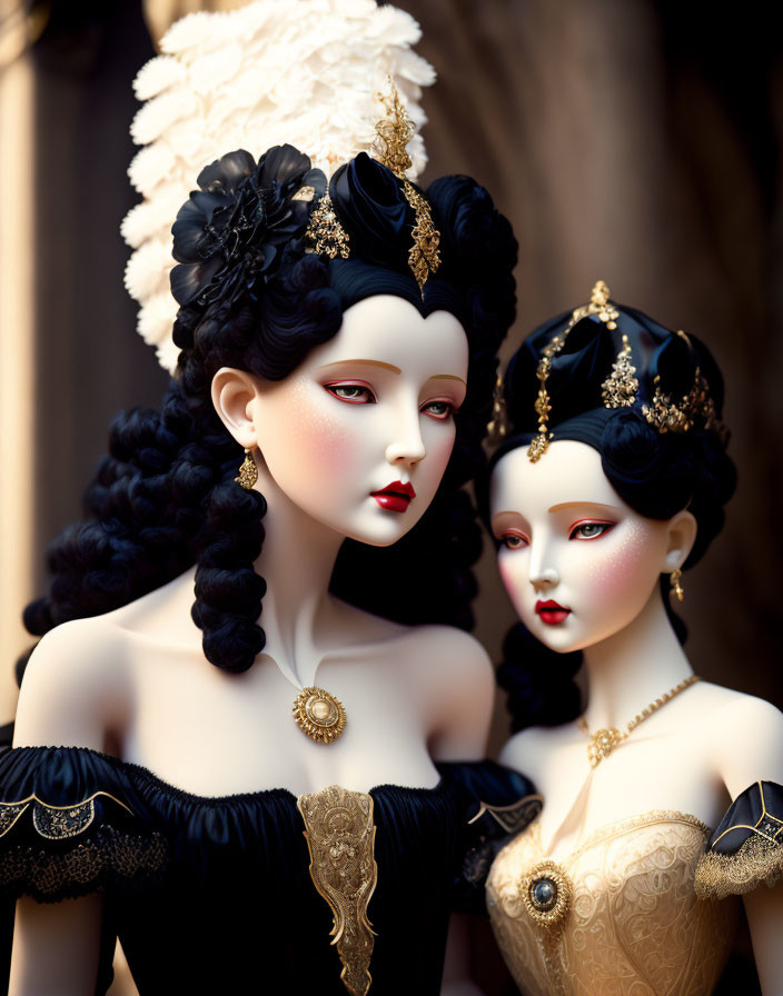 Ornate porcelain dolls with elaborate hairstyles and period gowns