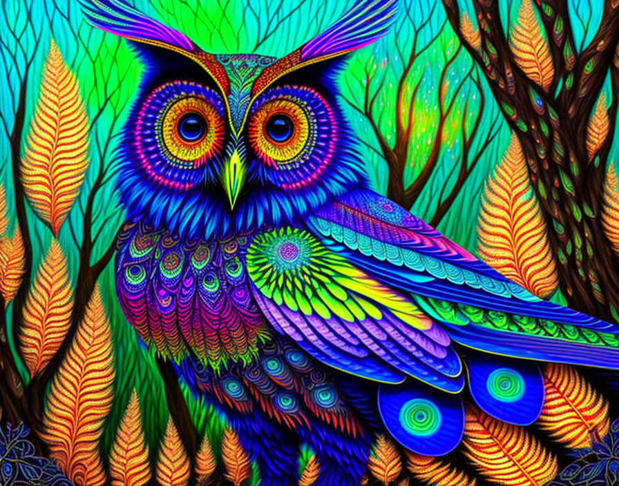 Colorful Owl Illustration with Psychedelic Patterns and Foliage