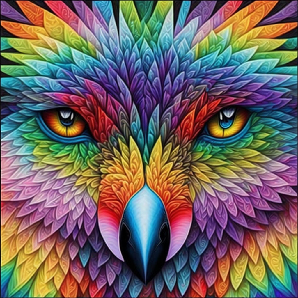 Vibrant bird face illustration with colorful feathers and intense yellow eyes