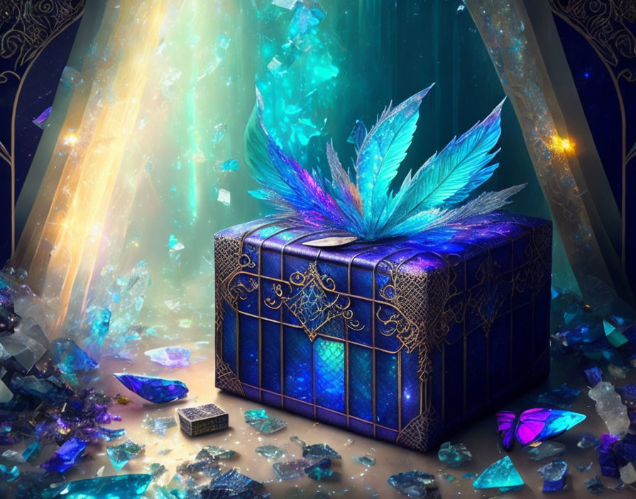 Blue gift box with gold patterns, feathers, crystals, and ethereal lights