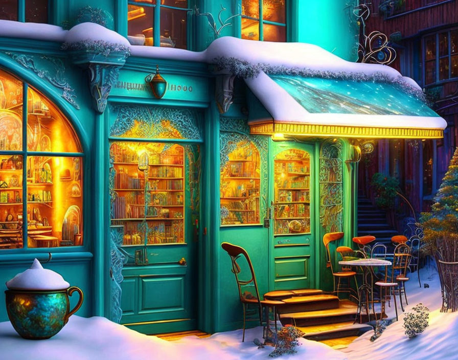 Snow-covered bookstore with warm lights & books