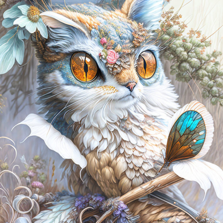 Illustration of a whimsical cat with amber eyes and floral details