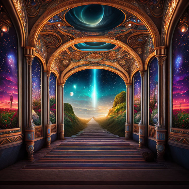 Ornate corridor leading to cosmic landscape with starry sky and sunset horizon