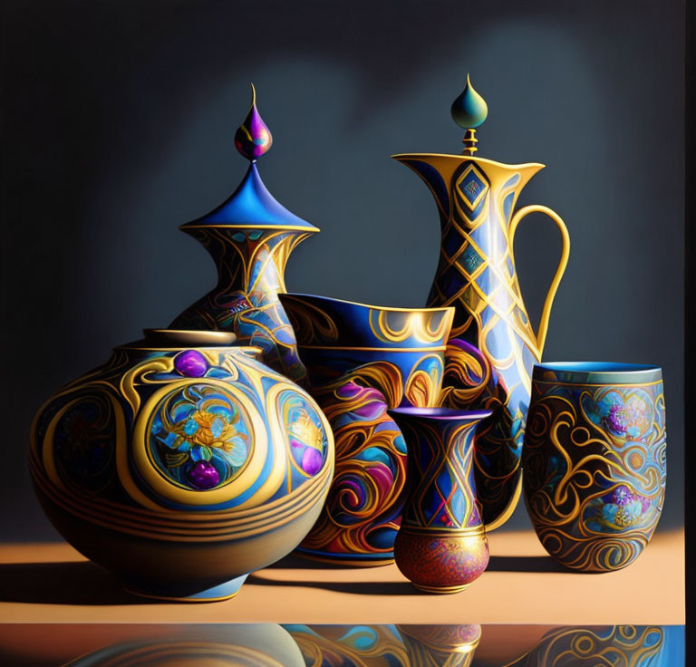 Ornate ceramic vessels with blue and gold patterns on dark background