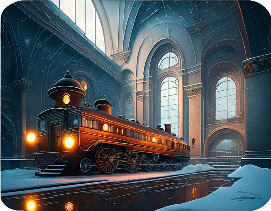 Vintage Train in Snow-Covered Hall with Arched Windows