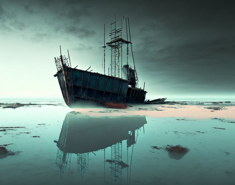 Abandoned shipwreck on desolate coastline under overcast sky