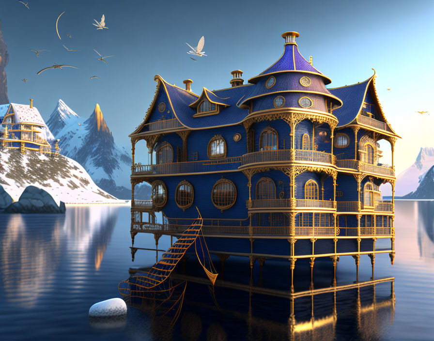 Intricate blue and gold floating house on serene waters with mountain backdrop at dusk