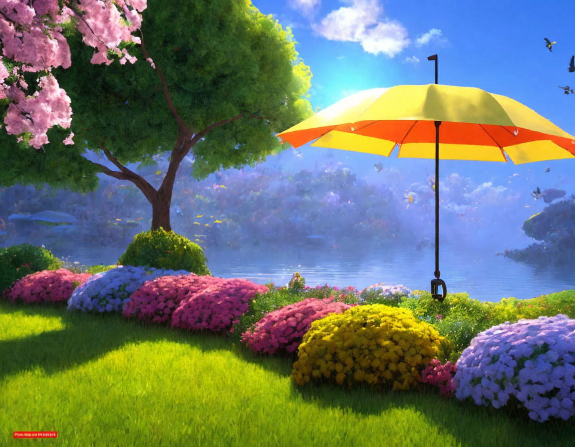 Vibrant outdoor scene with colorful umbrella, cherry tree, flower beds, and serene lake