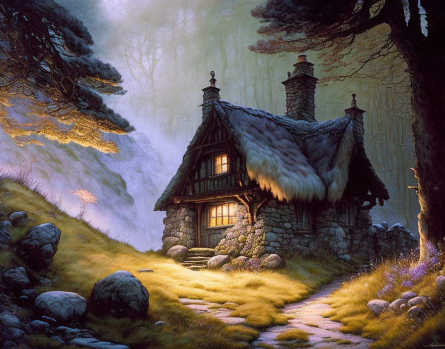 Quaint stone cottage with thatched roof in misty forest glade