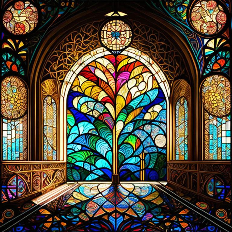 Colorful peacock-inspired stained glass window design casting reflections.