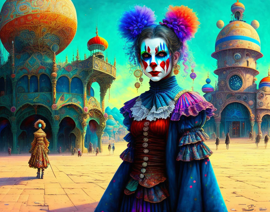 Colorful Clown with Intricate Makeup in Fantastical Cityscape