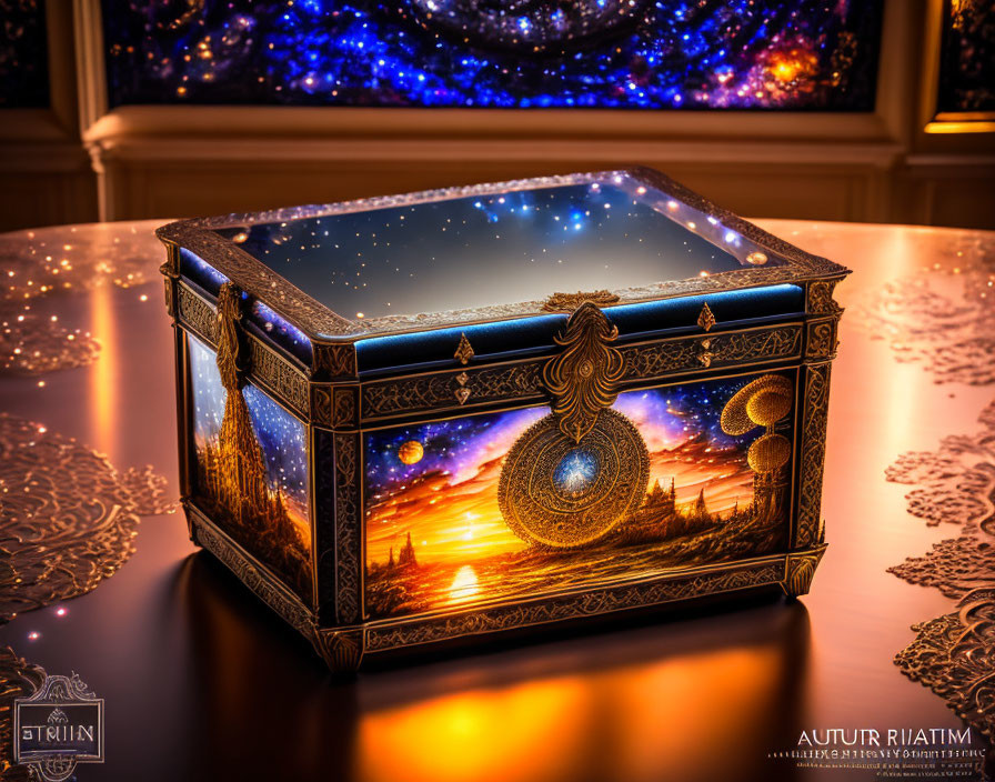 Cosmic-themed ornate box on wooden surface under starry night sky