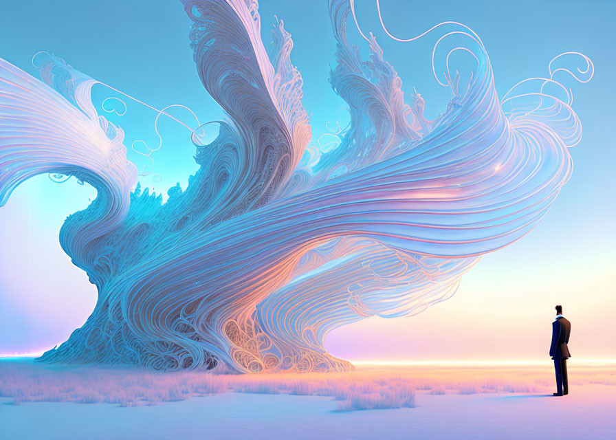 Intricate digital sculpture under pastel sky