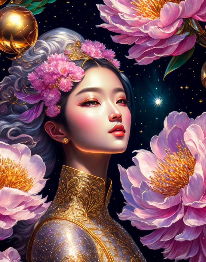 Digital illustration of woman with flower hair, peonies, and golden ornaments on starry backdrop