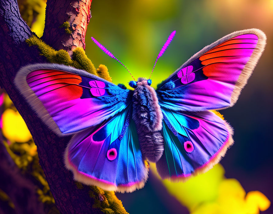 Colorful Butterfly with Blue and Pink Wings on Tree Trunk in Warm Background