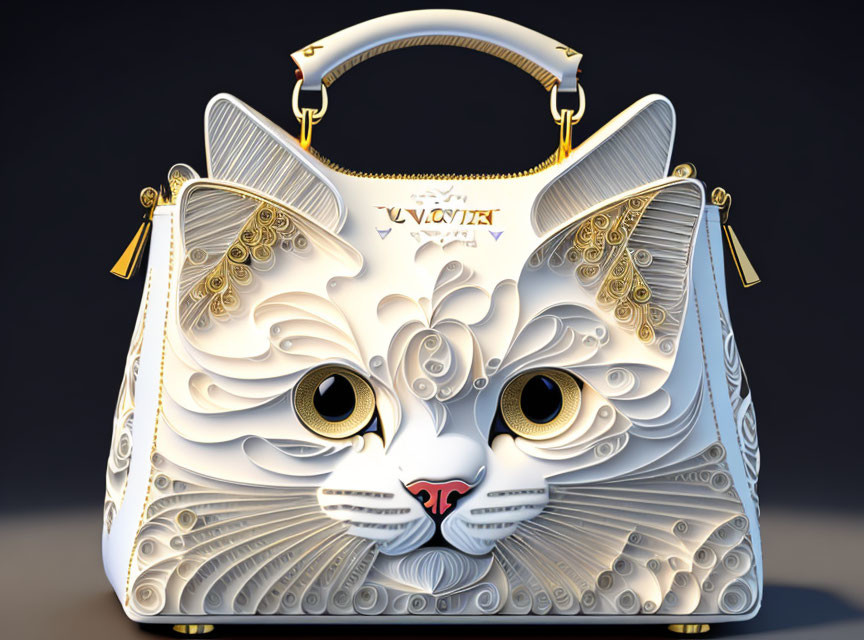 Luxury Handbag with Cat Face Embossed Design & Golden Accents