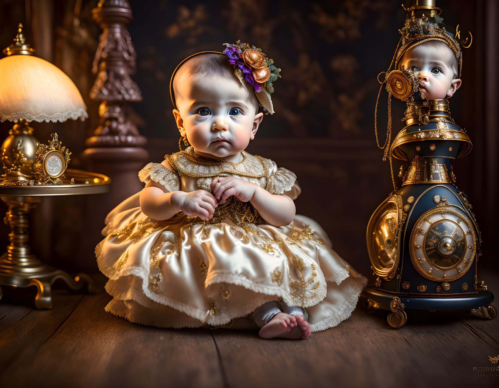 Vintage-inspired baby portrait with golden dress, antique phone, lamp, and decor.