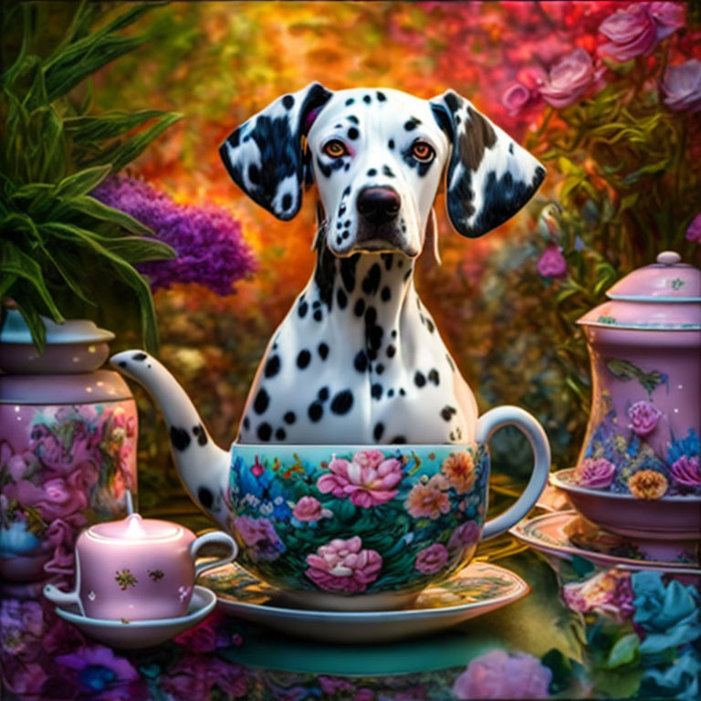 Dalmatian Puppy in Floral Teacup Garden Setting