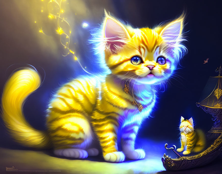 Golden-striped kitten with blue eyes and whimsical tail beside a tiny ship in magical light