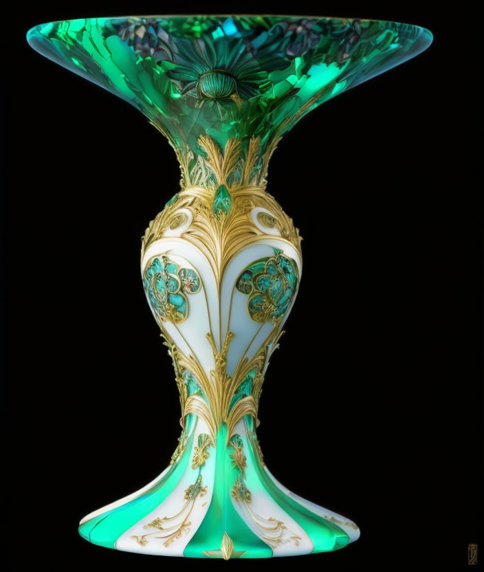 Green and White Glass Vase with Gold Accents and Floral Patterns