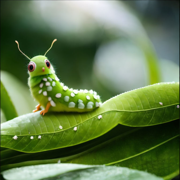 Colorful whimsical caterpillar with large eyes on leaf with water droplets