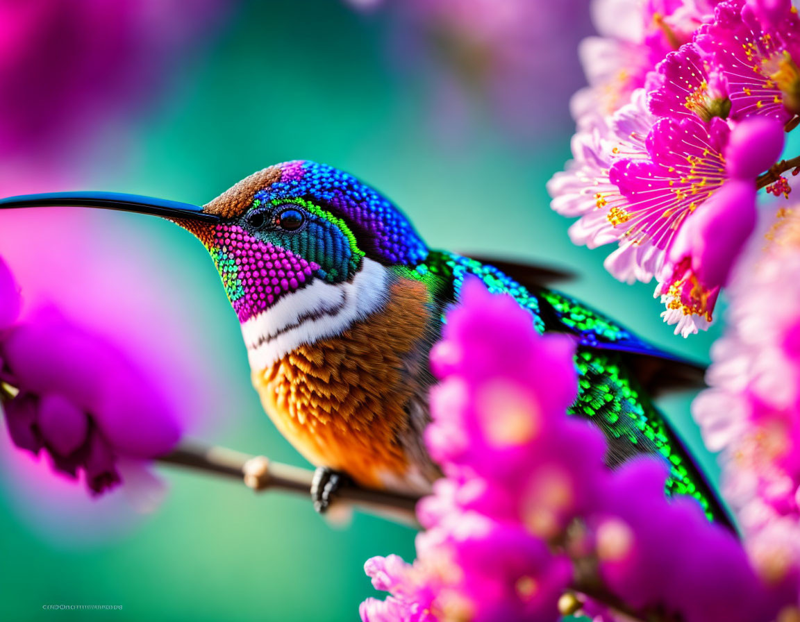 Colorful hummingbird amidst pink flowers in vibrant image.