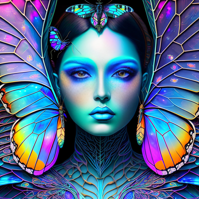 Vibrant blue-skinned woman with luminous butterfly wings and intricate patterns