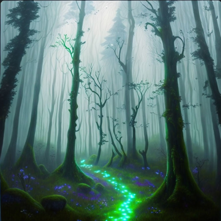 Enchanting forest with misty trees, green path, and blue flowers