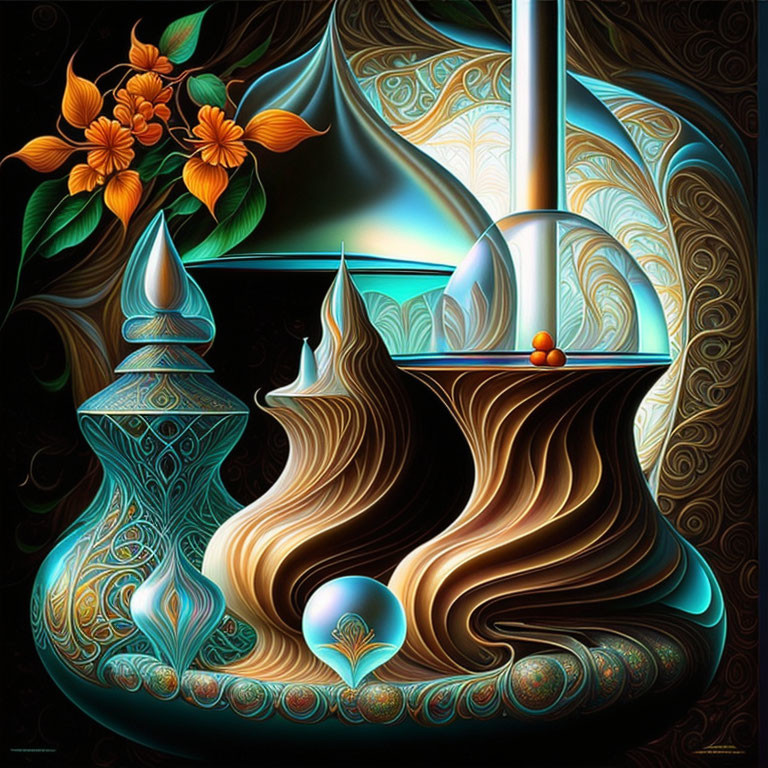 Surreal vibrant image of stylized vessels and floral sphere