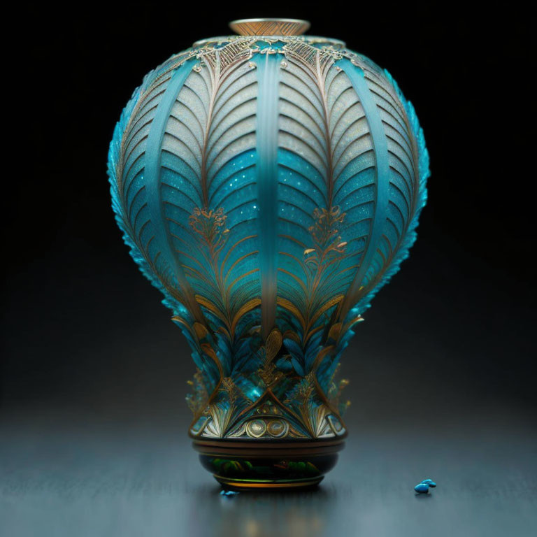 Blue Vase with Gold and Turquoise Leaf Patterns on Dark Background