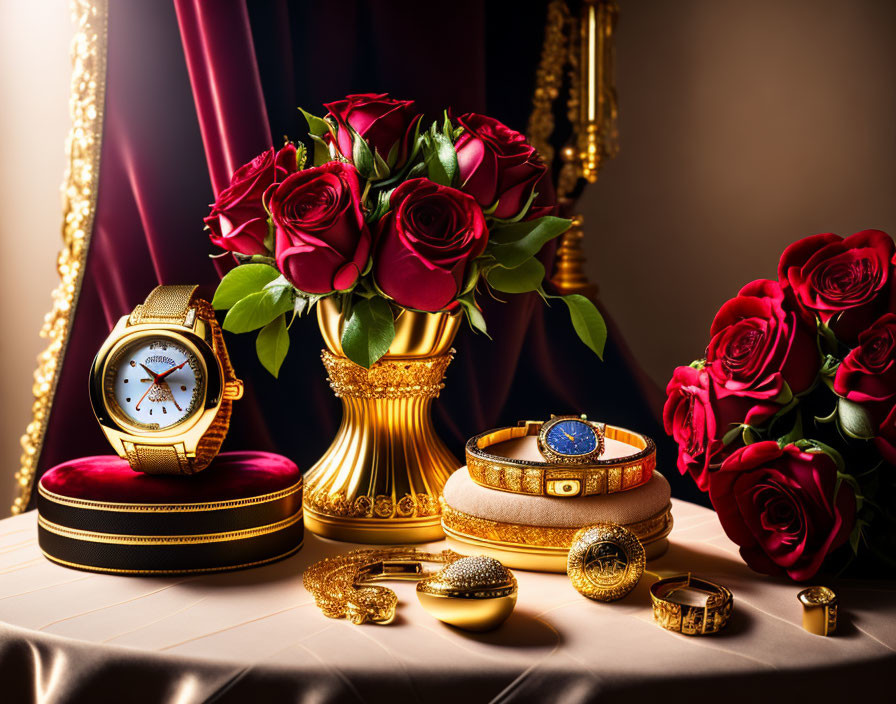 Luxury still life: golden watch, jewelry, red roses on burgundy backdrop