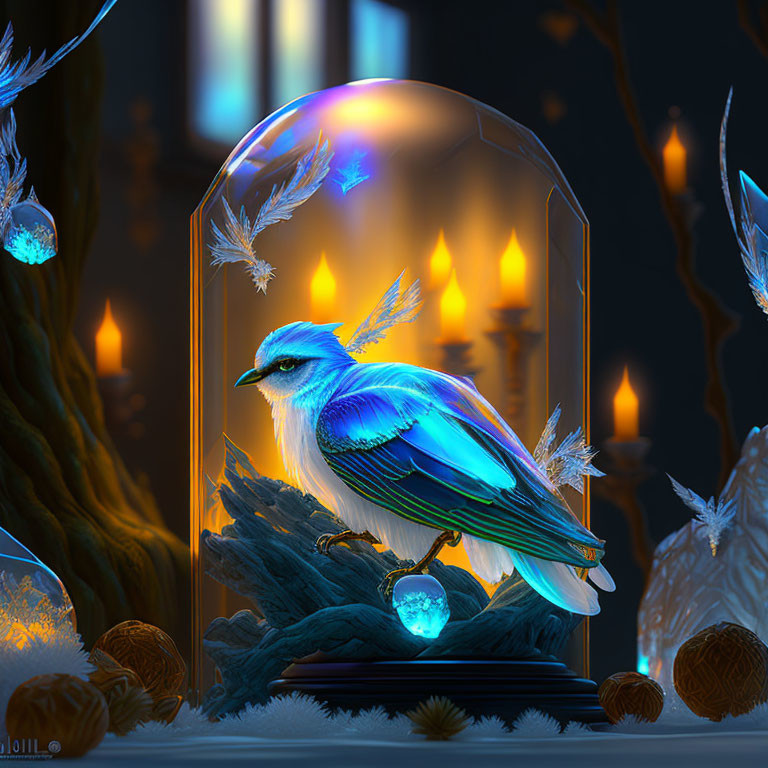 Blue bird under glass dome with candles and feathers in mystical night scene