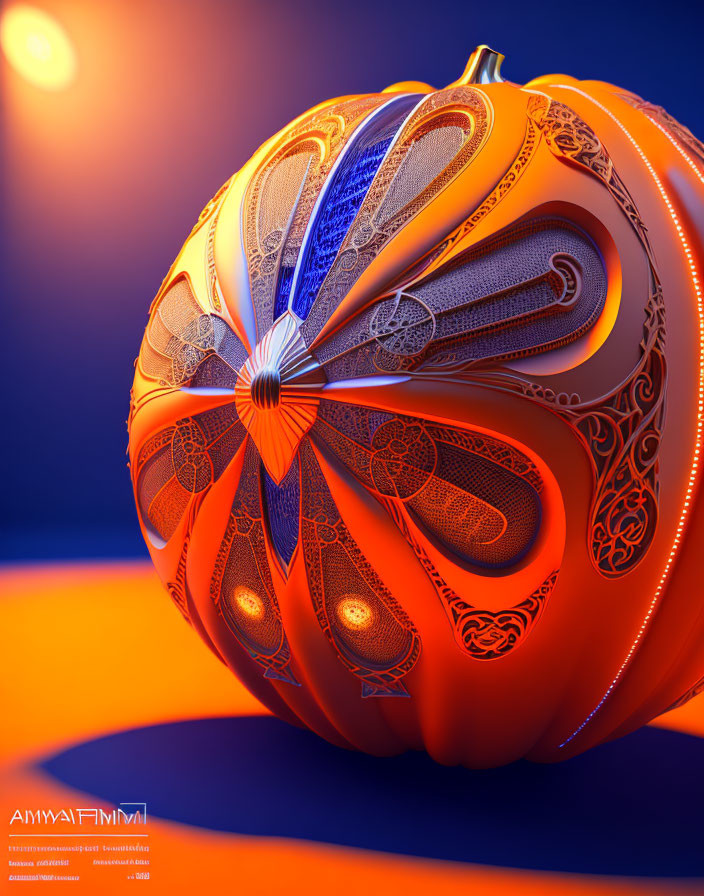 Digitally rendered ornate pumpkin with intricate blue and orange designs on sunset-like background