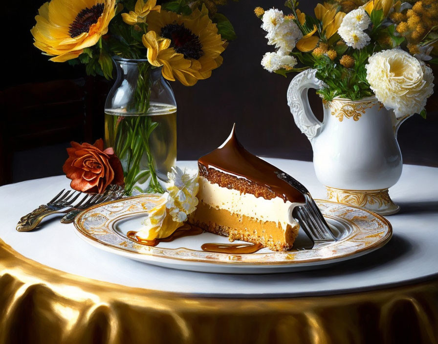 Caramel-drizzled cheesecake on ornate plate with flowers and cutlery