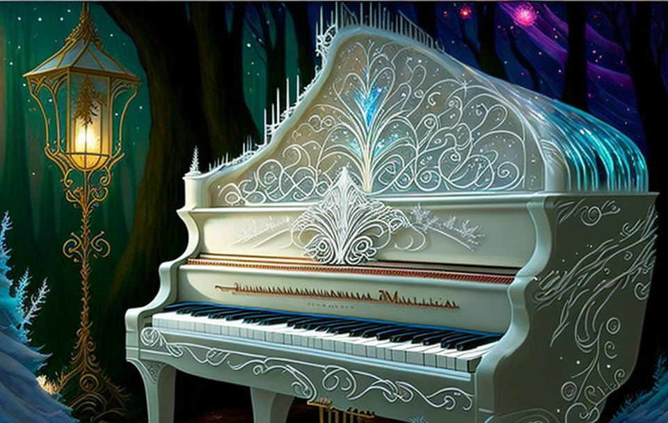 White ornate piano in enchanted forest with lantern & magical lights