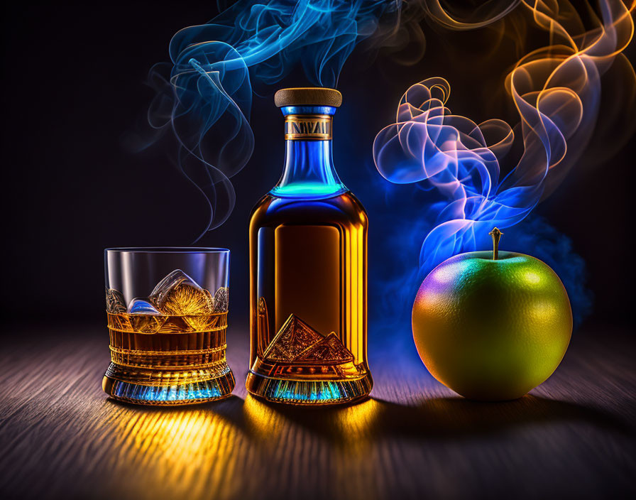 Whiskey bottle, ice glass, green apple, colorful smoke on dark background