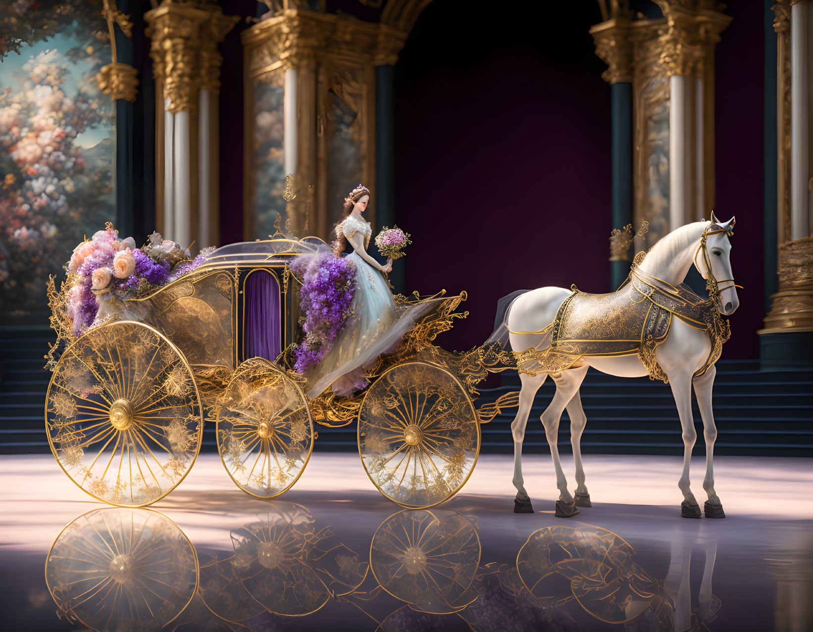 Golden carriage with white horse in regal hall with purple backdrop and floral painting