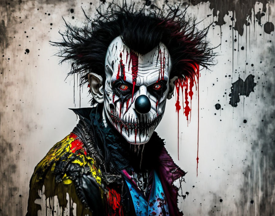 Menacing clown makeup with white face and dark eyes on grey background